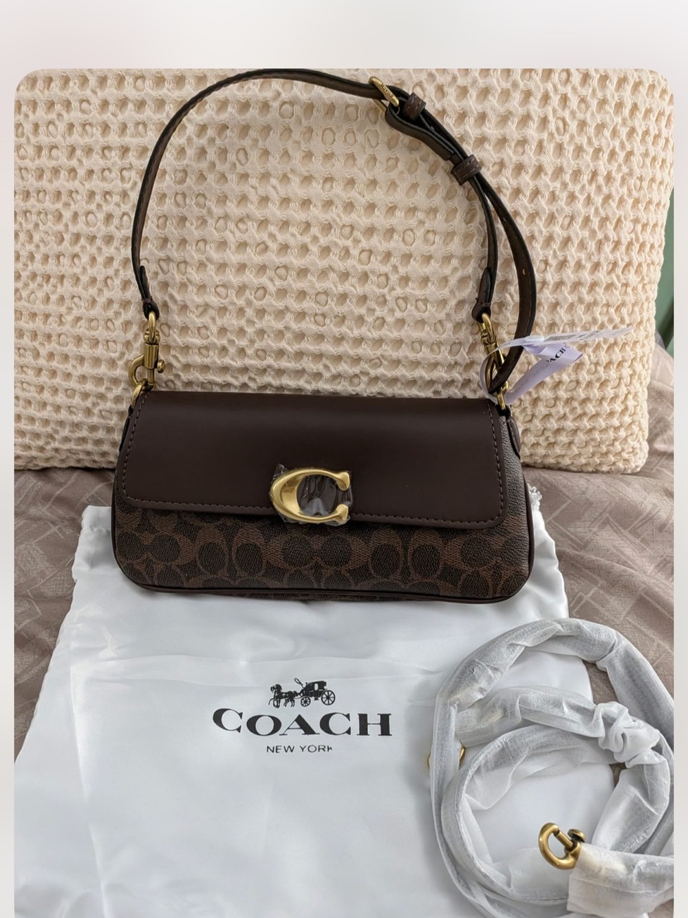 Coach Brown Signature Canvas Shoulder Bag with Gold 'C' Hardware